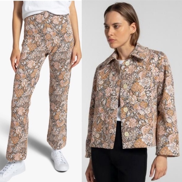NWT LESET Jane Set Floral-jacquard Jacket & Crop Bootcut Pants Floral Mango Pink - Picture 3 of 17